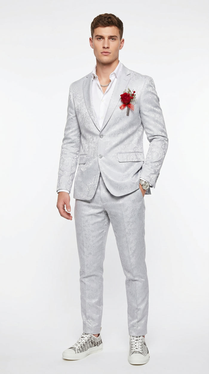 Men’s Silver Grey Shiny Paisley Graduation Suit, Formal Prom Wedding Dress Suit Modern Fit