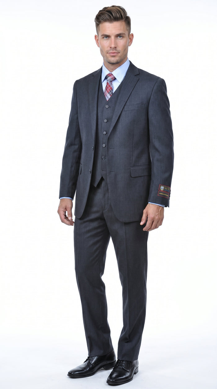 Men’s Charcoal Grey 2 Button Vested Business Suit, Formal Wedding Dress Suit