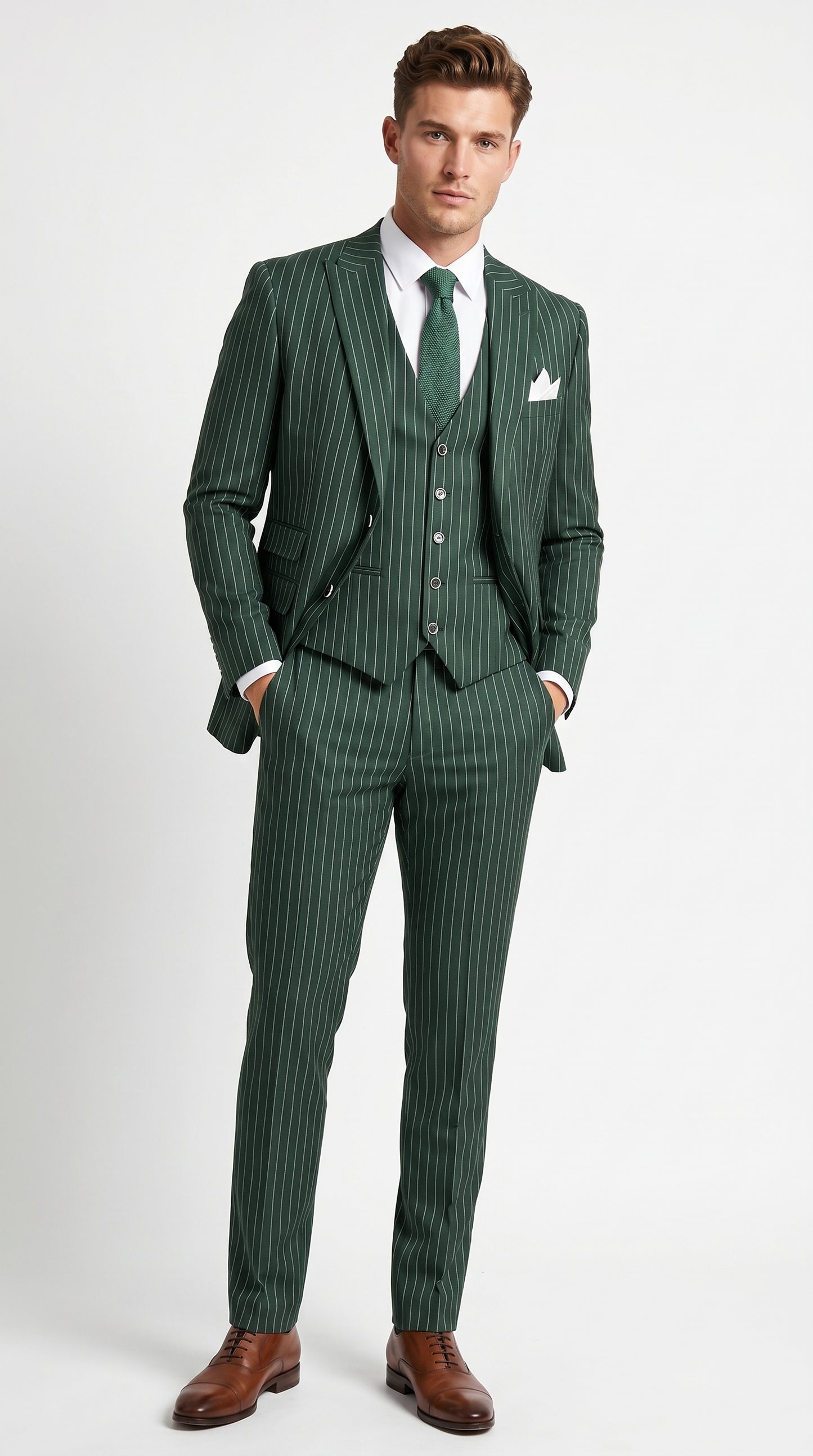 Men’s Hunter Green Great Gatsby Pinstripe 3 Piece Suit, 1920s Gangster Outfit