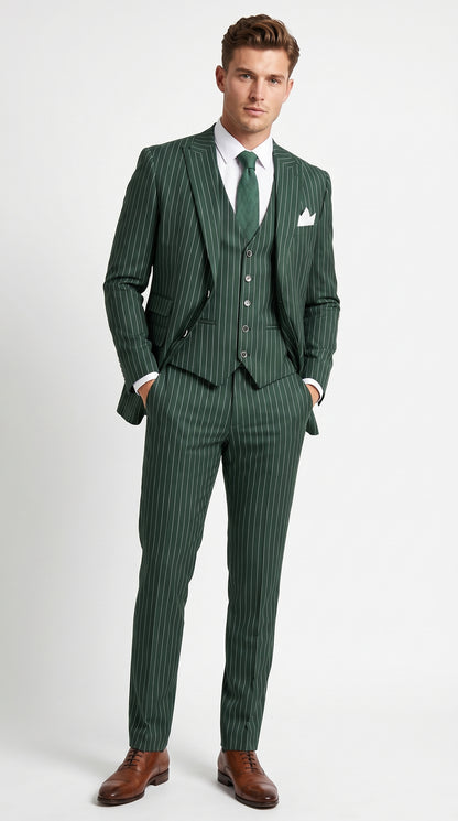 Men’s Hunter Green Great Gatsby Pinstripe 3 Piece Suit, 1920s Gangster Outfit