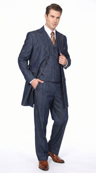 Men’s Blue Denim Zoot Suit with Long Jacket and Vest, Vintage Jeans Style Formal Outfit