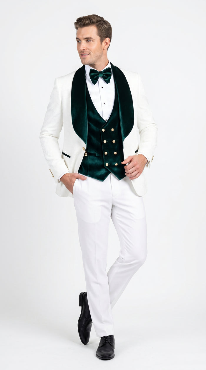 Men’s White and Dark Green Wedding Tuxedo with Double Breasted Vest, Wool Groom Prom Suit