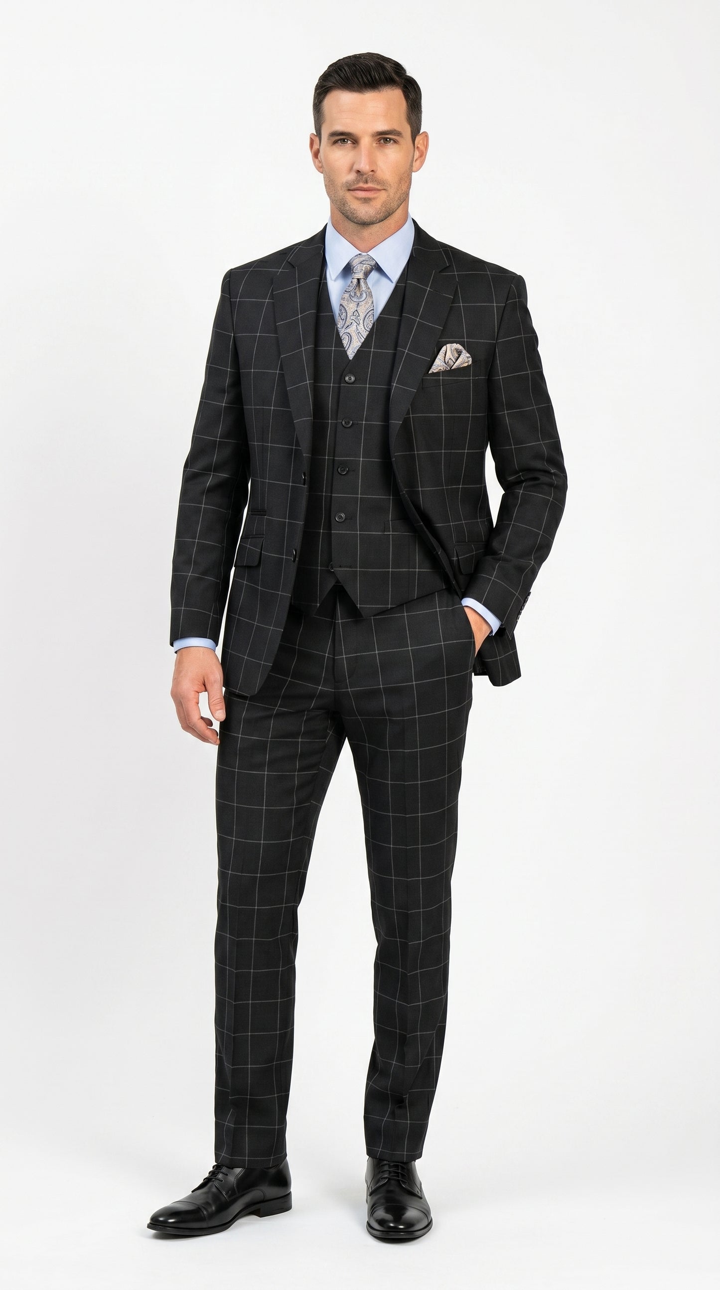 Men’s Black Windowpane Plaid 3 Piece Suit, 1920s Inspired Formal Dress Suit