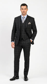Men’s Black Windowpane Plaid 3 Piece Suit, 1920s Inspired Formal Dress Suit