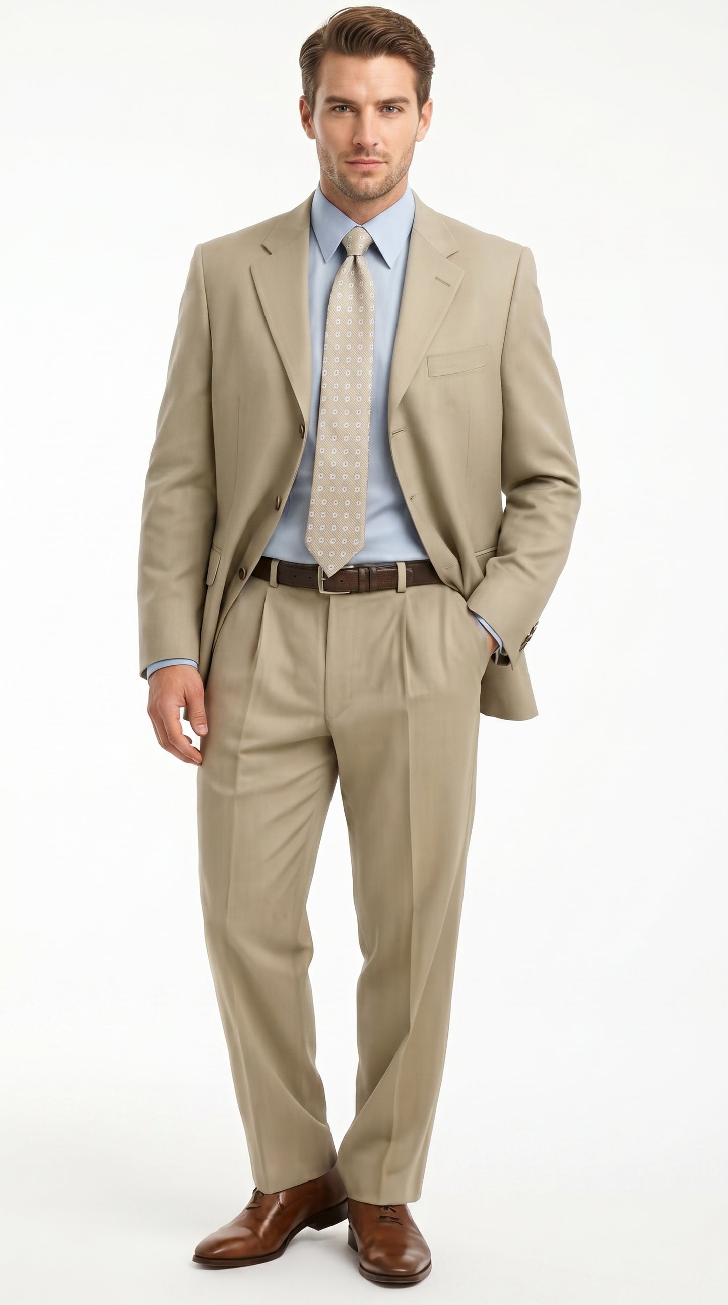 Men’s Khaki Light Tan Dress Suit with Jacket and Pants, Classic Fit Groomsmen Wedding Suit
