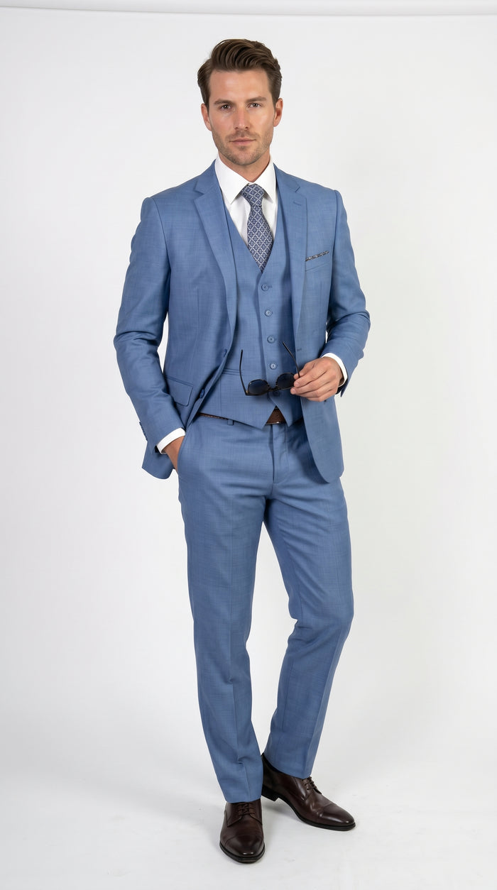 Men’s Ice Blue 3 Piece Suit with Vest, Formal Wedding Prom Dress Suit Modern Fit