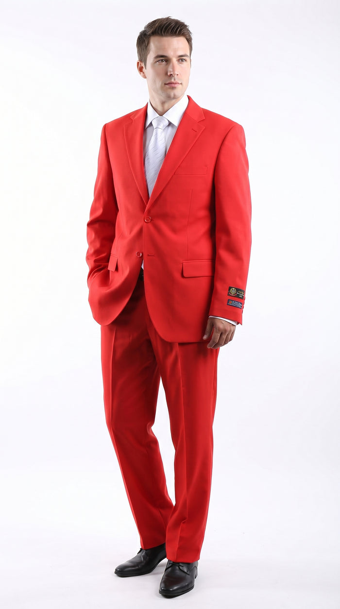 Men’s Red Bolzano 2 Button Suit with Pleated Pants, 100% Polyester Formal Dress Suit