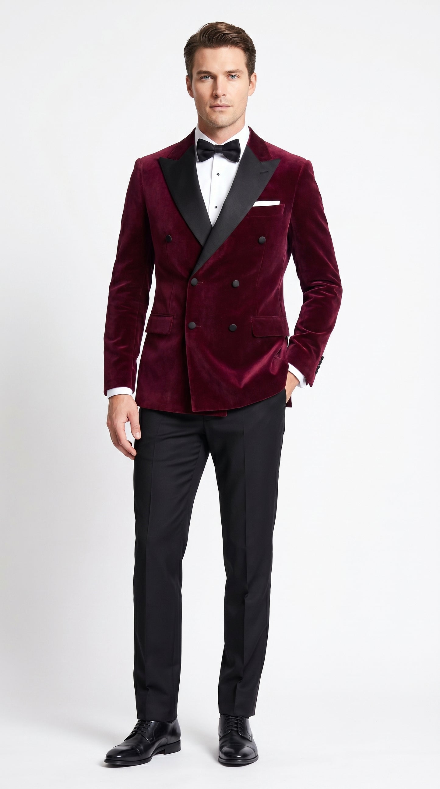 Men’s Burgundy Velvet Tuxedo, Slim Fit Double Breasted Formal Tuxedo Suit for Wedding, Prom and Groom Wear