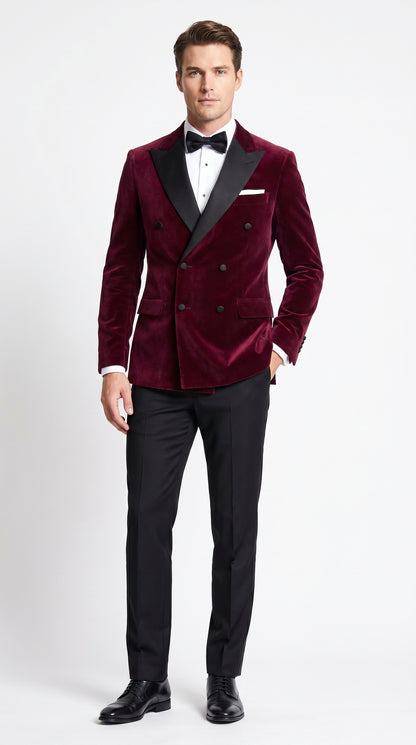 Men’s Burgundy Velvet Tuxedo, Slim Fit Double Breasted Formal Tuxedo Suit for Wedding, Prom and Groom Wear