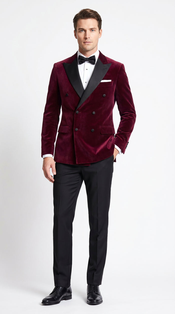 Men’s Burgundy Velvet Tuxedo, Slim Fit Double Breasted Formal Tuxedo Suit for Wedding, Prom and Groom Wear