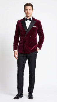 Men’s Burgundy Velvet Tuxedo, Slim Fit Double Breasted Formal Tuxedo Suit for Wedding, Prom and Groom Wear