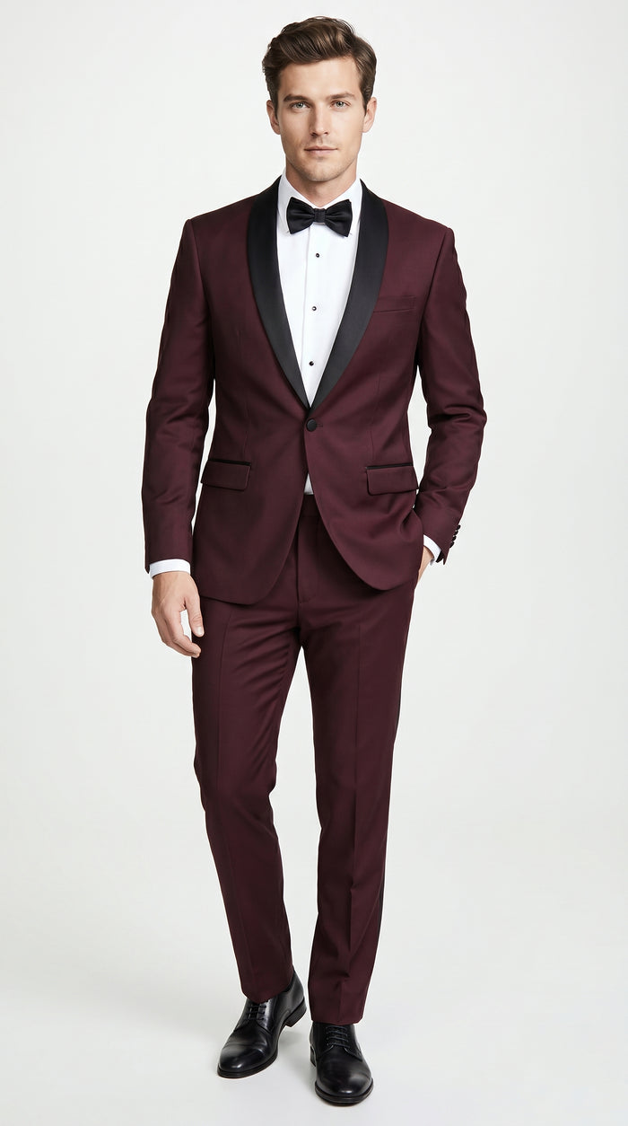 Men’s Maroon Slim Fit Tuxedo with Black Satin Lapel, Burgundy Wine Formal Prom Suit