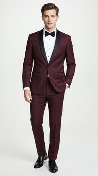 Men’s Maroon Slim Fit Tuxedo with Black Satin Lapel, Burgundy Wine Formal Prom Suit