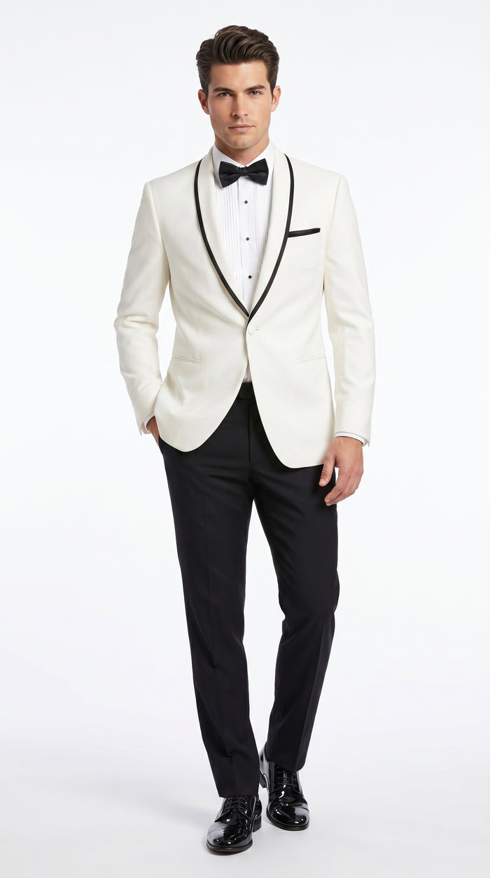 Men’s One Button Ivory Tuxedo Suit with Black Trim, Formal Wedding Prom Dinner Jacket