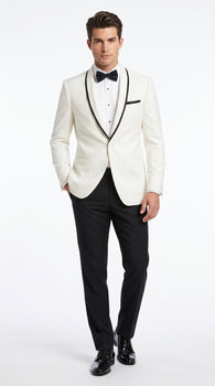 Men’s One Button Ivory Tuxedo Suit with Black Trim, Formal Wedding Prom Dinner Jacket