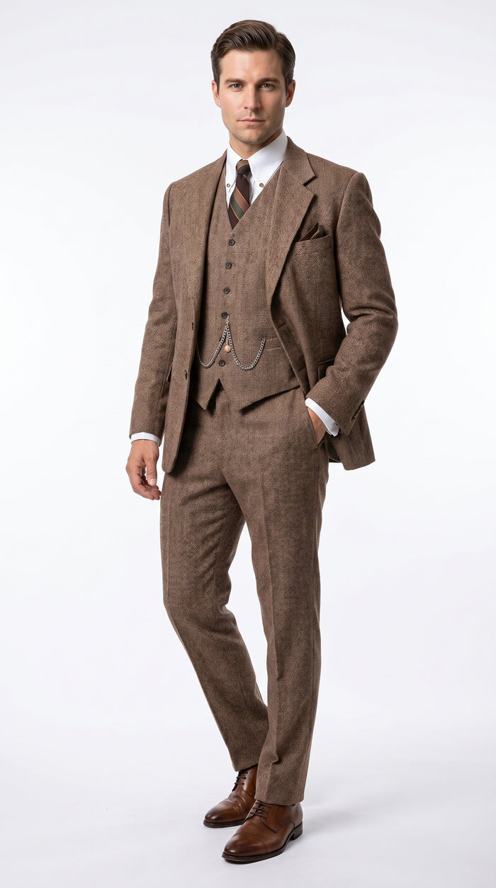 Men’s Light Brown Great Gatsby Tweed Herringbone Vested Suit, Tobey Maguire Inspired 1920s Formal Outfit