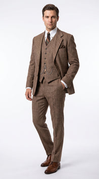 Men’s Light Brown Great Gatsby Tweed Herringbone Vested Suit, Tobey Maguire Inspired 1920s Formal Outfit