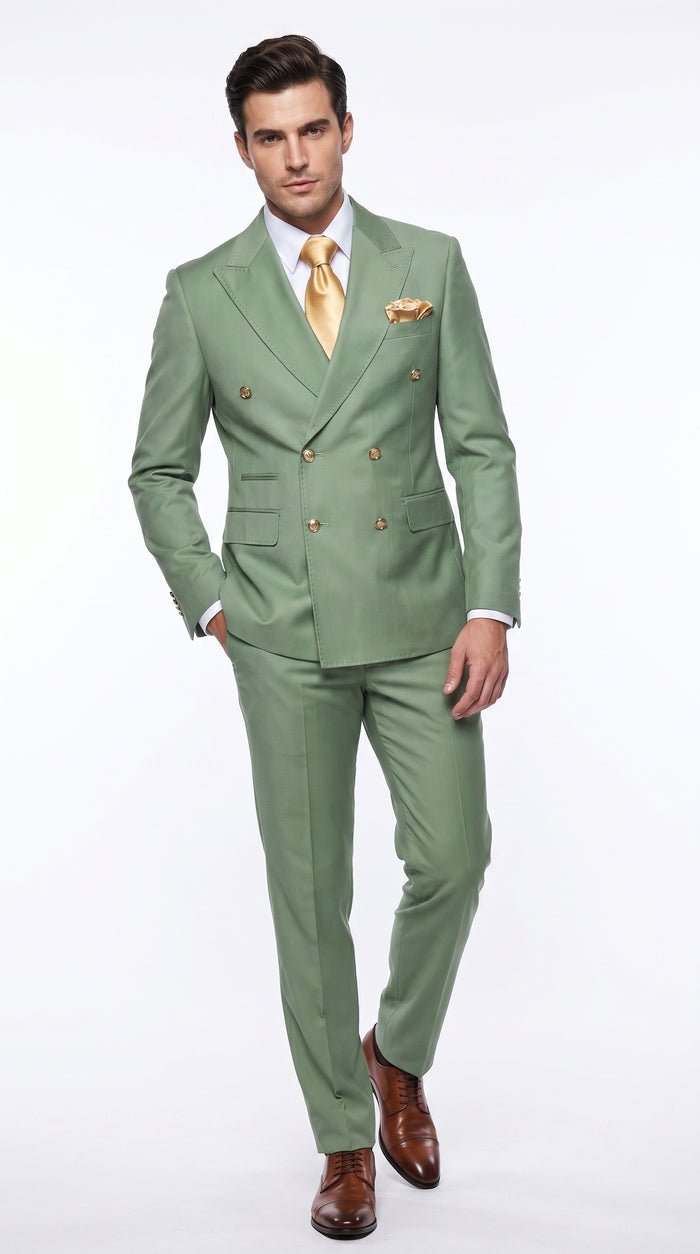 Rossiman Men’s Sage Green Double Breasted Suit with Gold Buttons, Slim Fit Lightweight Summer Suit