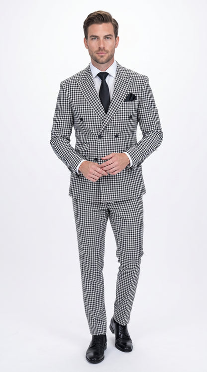 Men’s Black & White Houndstooth Double Breasted Wool Suit – 2 Piece Peak Lapel Suit Modern Fit