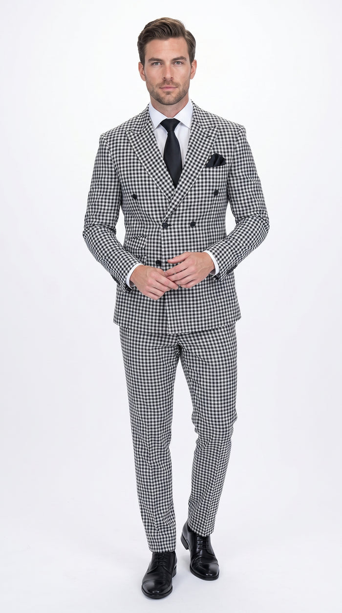 Men’s Black & White Houndstooth Double Breasted Wool Suit – 2 Piece Peak Lapel Suit Modern Fit
