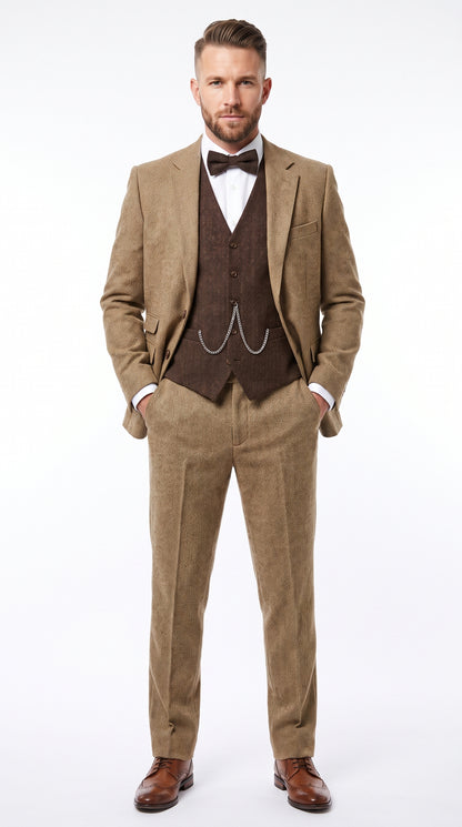 Men’s Great Gatsby Tobey Maguire Inspired Tan Suit with Brown Vest, 1920s Costume Outfit