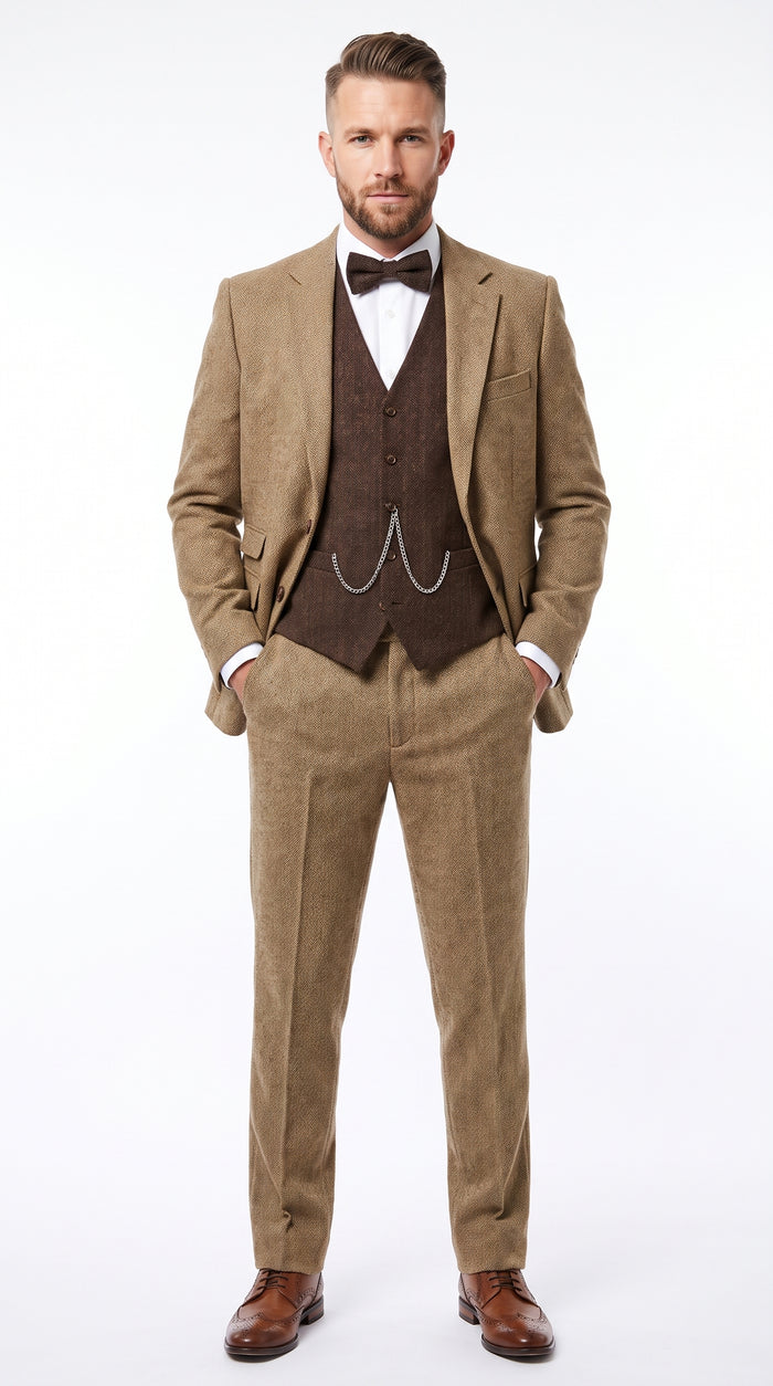 Men’s Great Gatsby Tobey Maguire Inspired Tan Suit with Brown Vest, 1920s Costume Outfit Modern Fit
