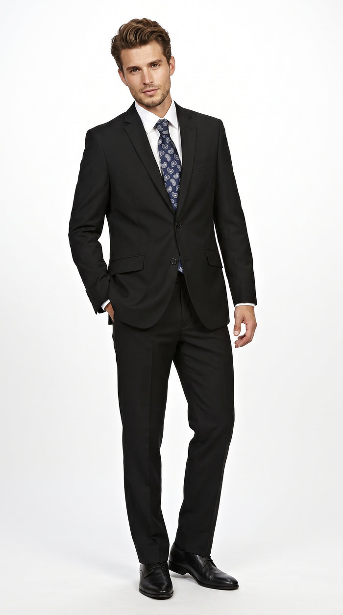 Men’s Black 2 Piece Slim Fit Business Suit with Wide Fish Cut Styling