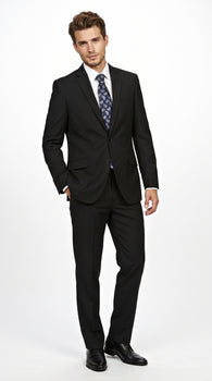 Men’s Black 2 Piece Slim Fit Business Suit with Wide Fish Cut Styling