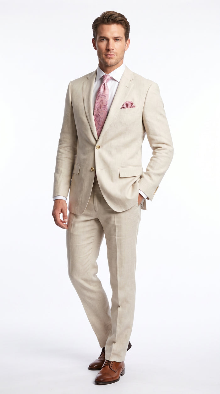 Men’s Natural Linen 2 Piece Suit with Side Vents, Two Button Regular Fit Summer Dress Suit