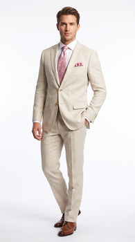 Men’s Natural Linen 2 Piece Suit with Side Vents, Two Button Regular Fit Summer Dress Suit