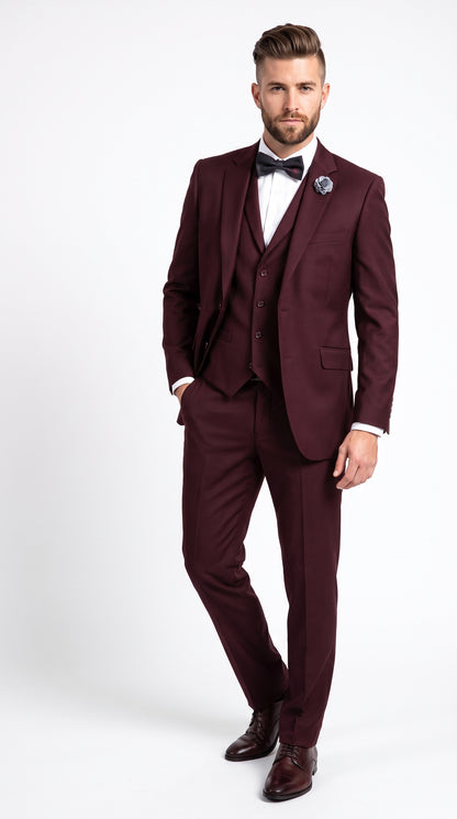 Men’s Burgundy Regular Fit Suit with Vest, Formal Wedding Prom Dress Suit Modern Fit
