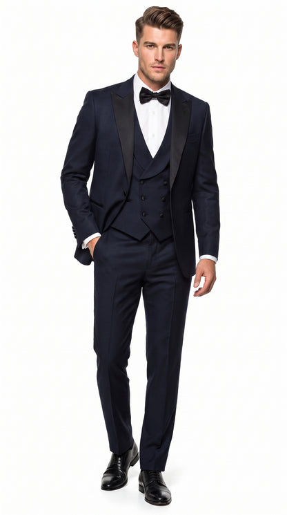 Alberto Nardoni Men’s Black Super 150s Wool Tuxedo with Peak Lapel, Double Breasted Vest and Flat Front Pants