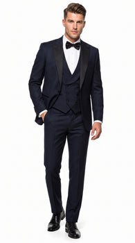 Alberto Nardoni Men’s Black Super 150s Wool Tuxedo with Peak Lapel, Double Breasted Vest and Flat Front Pants
