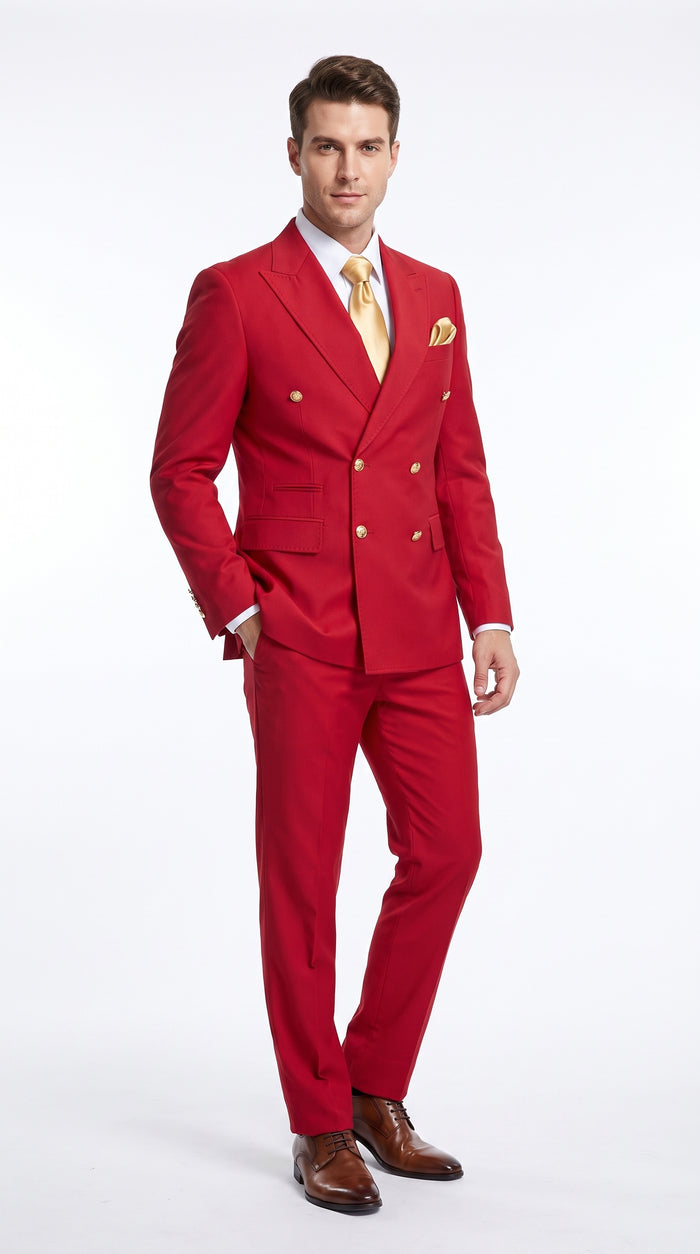 Rossi Man Milano RM1191 Men’s Red Double Breasted Suit with Gold Buttons, Formal Wedding Prom Suit Modern Fit