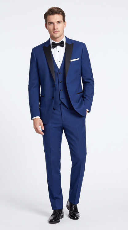 Men’s Indigo Blue Sapphire Cobalt Blue 1 Button Vested Tuxedo with Black Satin Peak Lapel