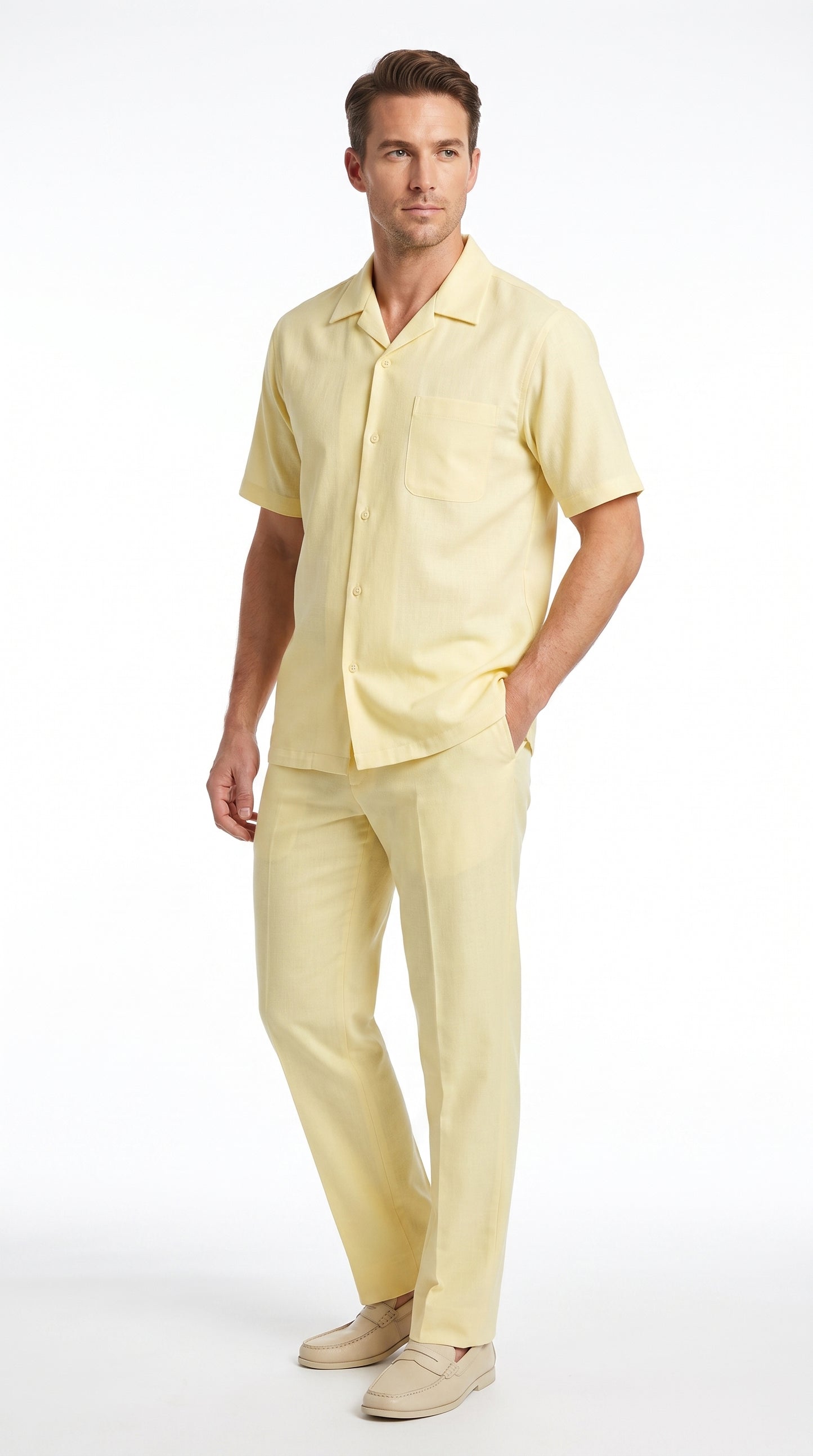 Men’s Cream 100% Linen Walking Suit, Short Sleeve Shirt and Matching Pants Casual Summer Set