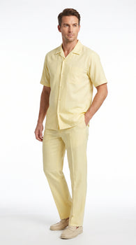 Men’s Cream 100% Linen Walking Suit, Short Sleeve Shirt and Matching Pants Casual Summer Set