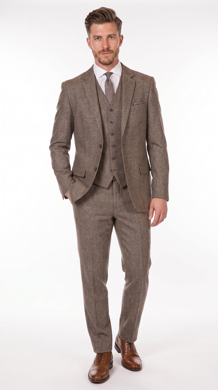 Men’s Vintage Brown Tweed Herringbone 1920s Suit, Classic Gatsby Style Dress Suit