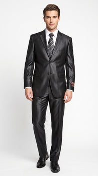 Men’s Vitali Black Sharkskin 2 Button Suit, Formal Wedding Business Dress Suit Set