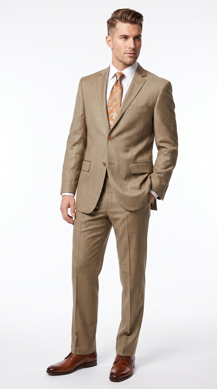 Men’s Champagne Gold Sharkskin Suit, Formal Wedding Church Business Dress Suit Set