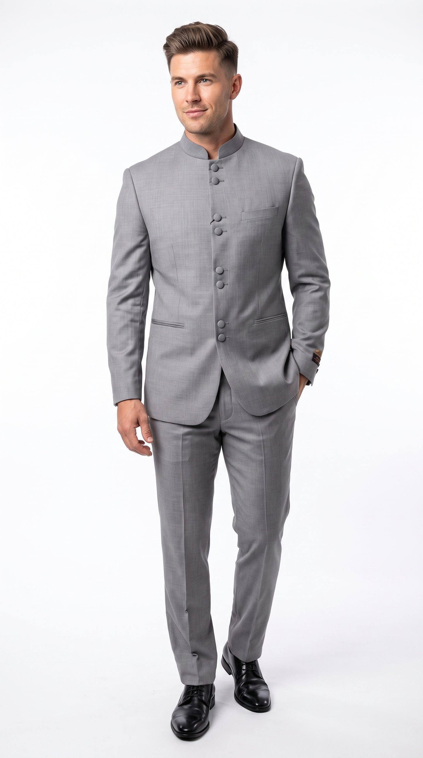 Alberto Nardoni Men’s Light Grey Mandarin Collar Suit, Banded No Collar Formal Wedding Church Suit