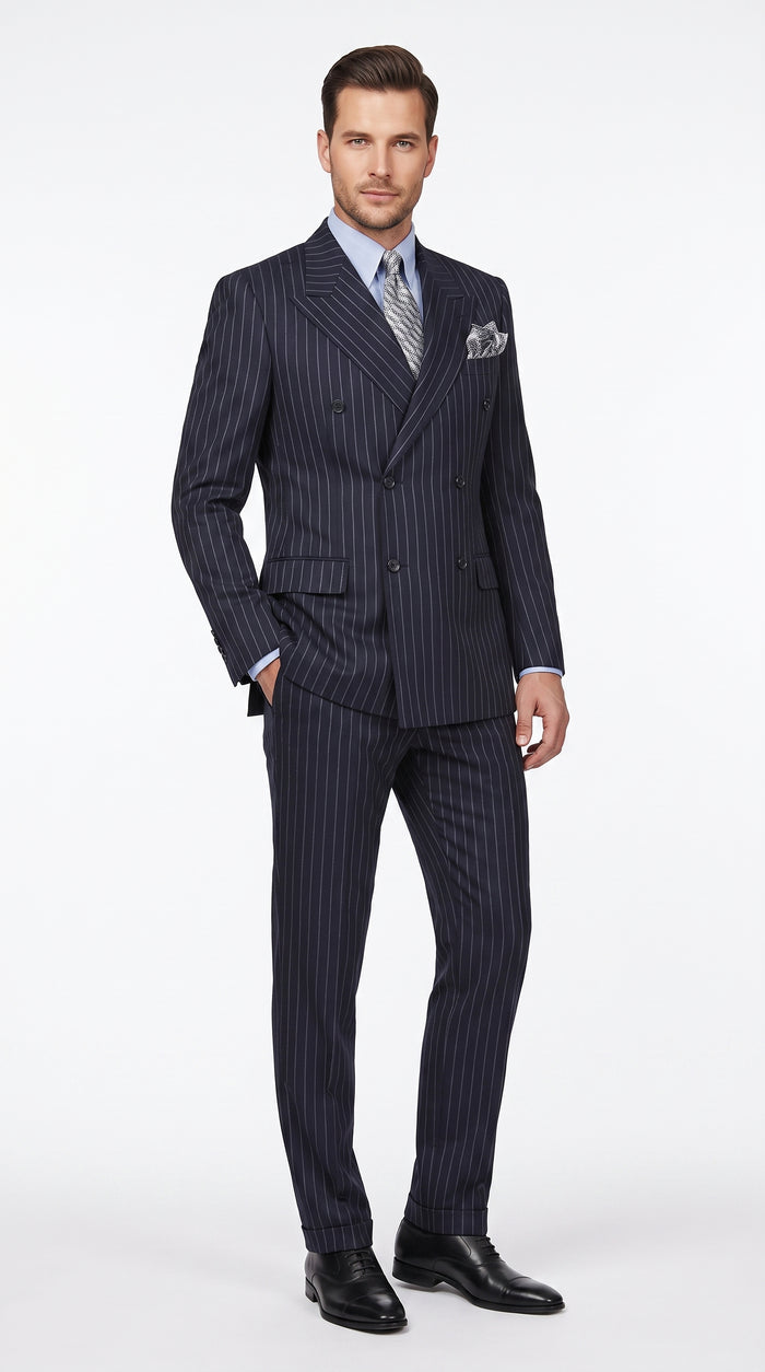 Men’s Dark Navy Blue Chalk Pinstripe Double Breasted Suit, Formal Wedding Business Dress Suit Set Modern Fit
