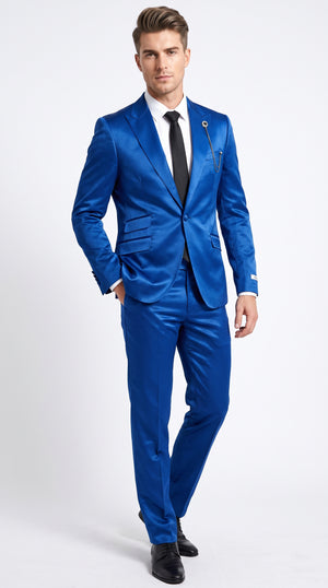 Men’s Shiny Metallic Blue Sharkskin Suit, Single Breasted Formal Wedding Prom Dress Suit Set