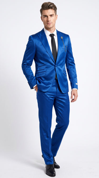 Men’s Shiny Metallic Blue Sharkskin Suit, Single Breasted Formal Wedding Prom Dress Suit Set  Modern Fit