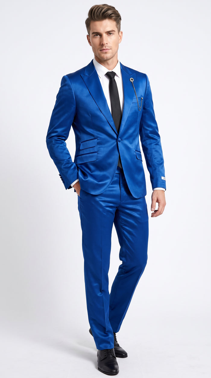 Men’s Shiny Metallic Blue Sharkskin Suit, Single Breasted Formal Wedding Prom Dress Suit Set  Modern Fit