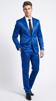 Men’s Shiny Metallic Blue Sharkskin Suit, Single Breasted Formal Wedding Prom Dress Suit Set