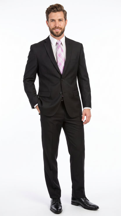Men’s Black 2 Button Poplin Suit, Formal Wedding Business Church Dress Suit Set Modern Fit