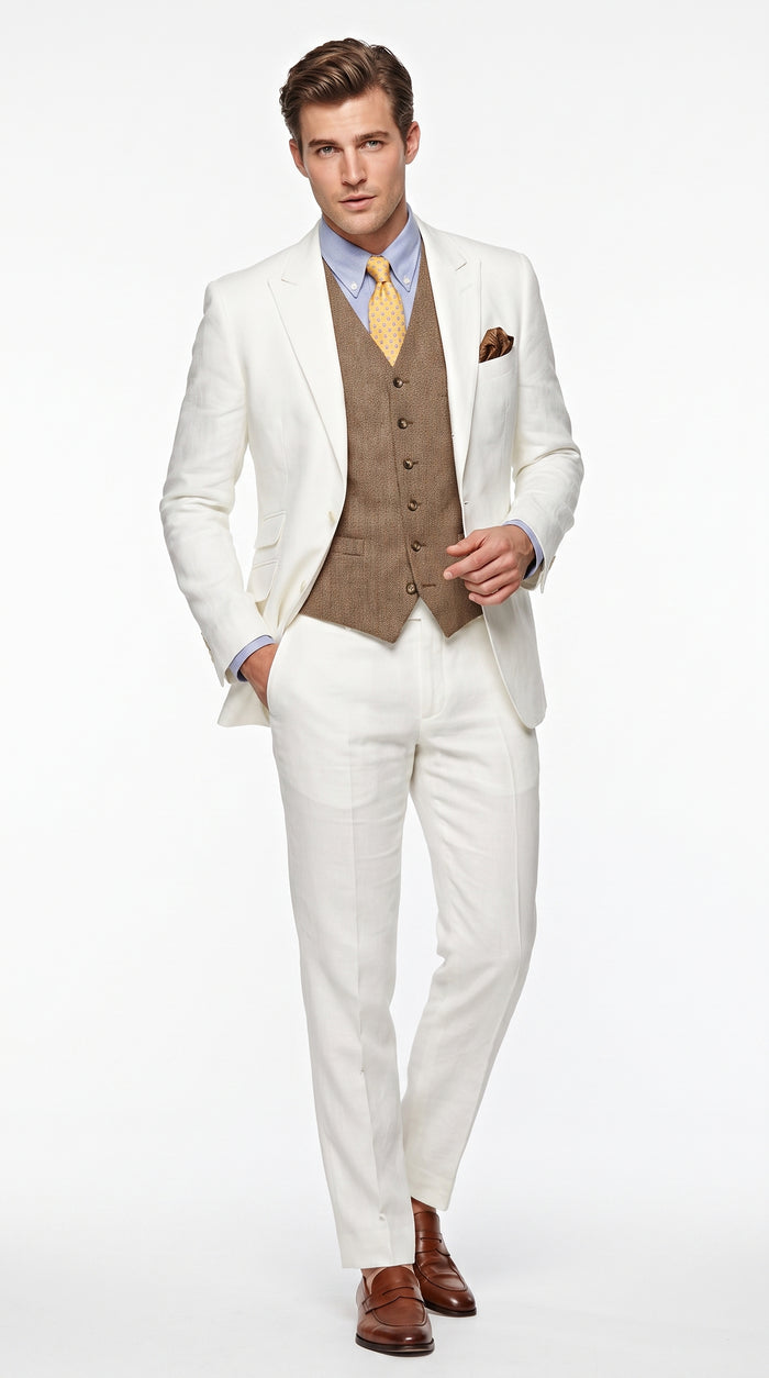 Men’s Off White Great Gatsby 3 Piece Suit, Vintage Wedding Prom Formal Vested Suit Set Modern Fit