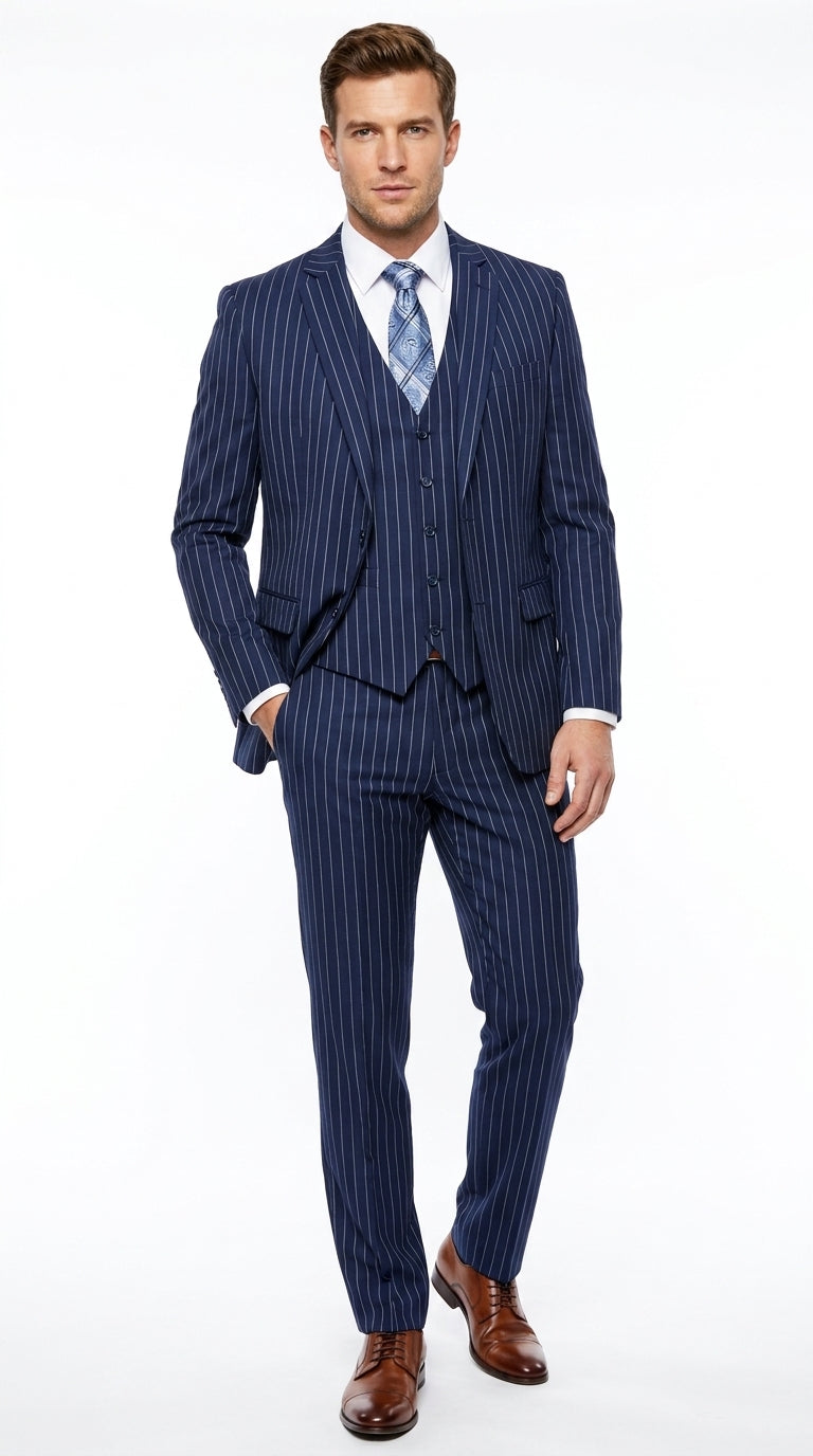 Men’s Teal Indigo Bright Blue Cobalt Pinstripe 3 Piece Suit, Formal Wedding Business Dress Suit Modern Fit