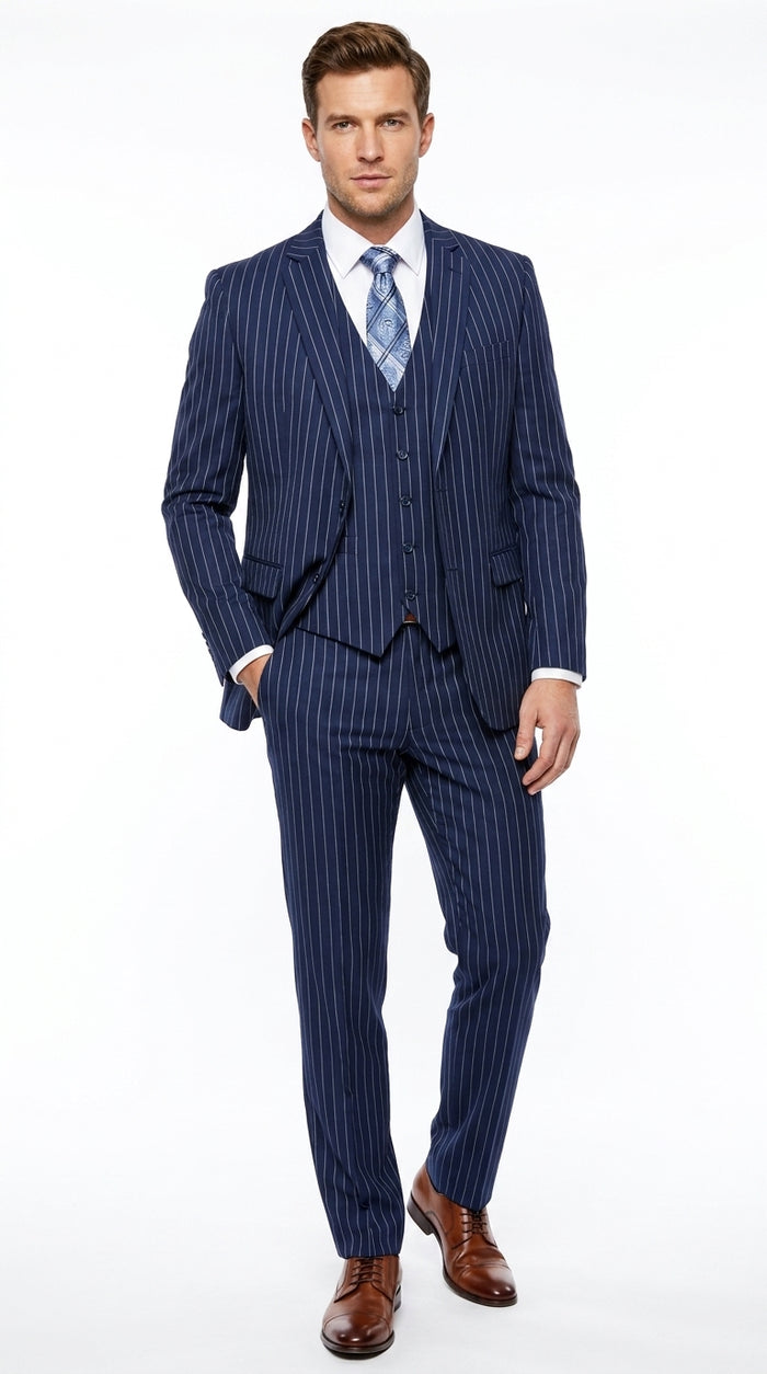 Men’s Teal Indigo Bright Blue Cobalt Pinstripe 3 Piece Suit, Formal Wedding Business Dress Suit Modern Fit